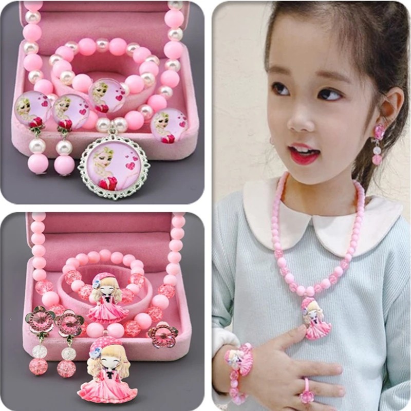 Anak-anak Perhiasan Set Gelang Mutiara Kalung Cincin Anting Lucu Import