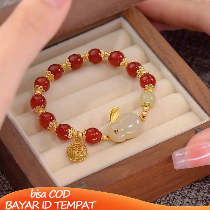 COD❤️Gelang Kelinci Giok Manik-manik Merah Marou ins Fashion Wanita Kelas Atas Hadiah Hari Valentine Perhiasan Fashion Aksesoris Impor Murah