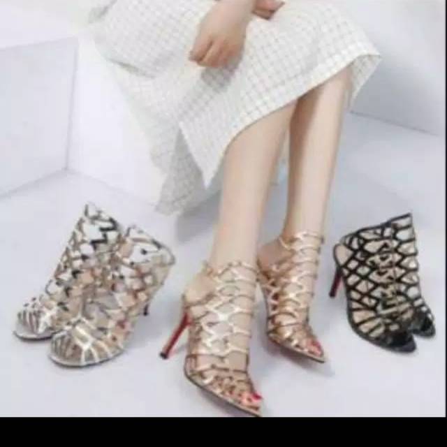 HEELS PESTA GLADIATOR BELIT STRAPPY SILVER GOLD GLITTER HEELS WANITA CHANNEL MODEL IMPORT