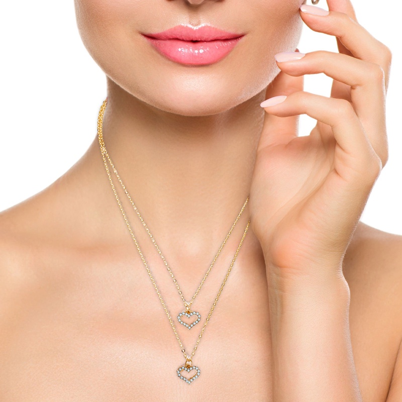 Kalung Rantai Multilayer Bentuk Hati Geometris Warna Emas Perak Untuk Wanita