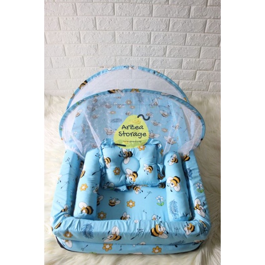 New Normal Kasur Kelambu Bayi Set Bantal Guling PREMIUM / Kasur Lipat Kelambu Bayi / Kasur Kelambu-lebah biru kolam