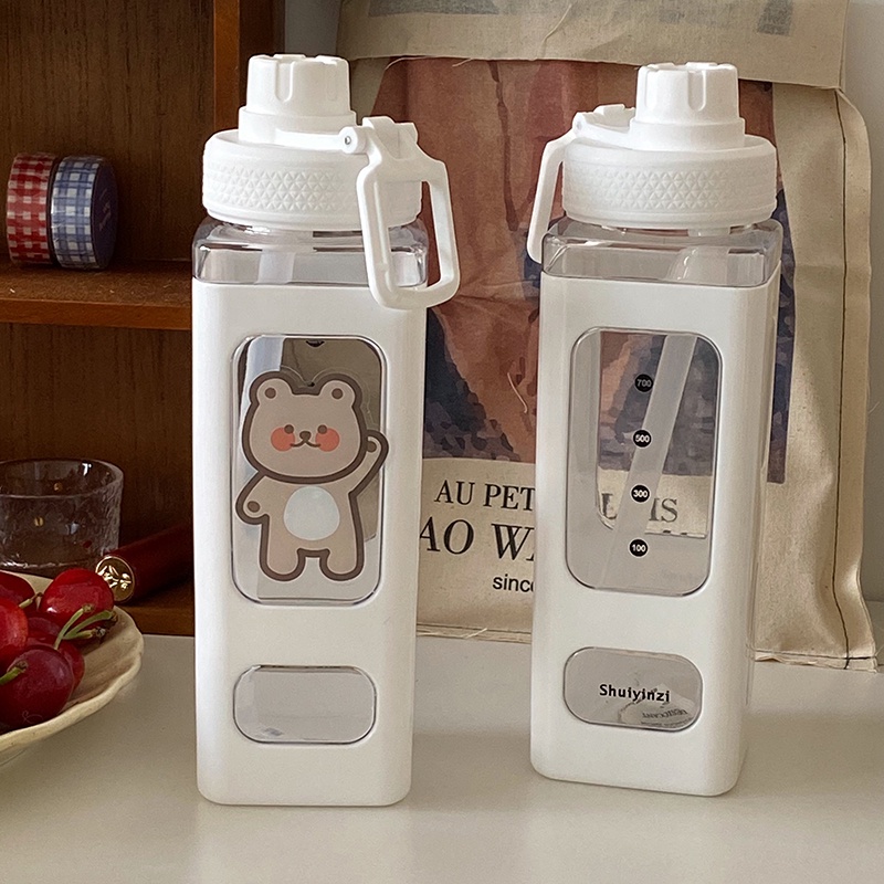 Botol Minum Plastik Cantik 900ml Air Lucu Comel Anak Sekolah Korea Square Bear BPA FREE Water Large Capacity Plastik Bottle pp aesthetic Student 1liter Portable with Straw Plastic 1l 2l 1000 2000 1 liter 2 Stiker Hias Dekorasi Motivasi Boba Viral