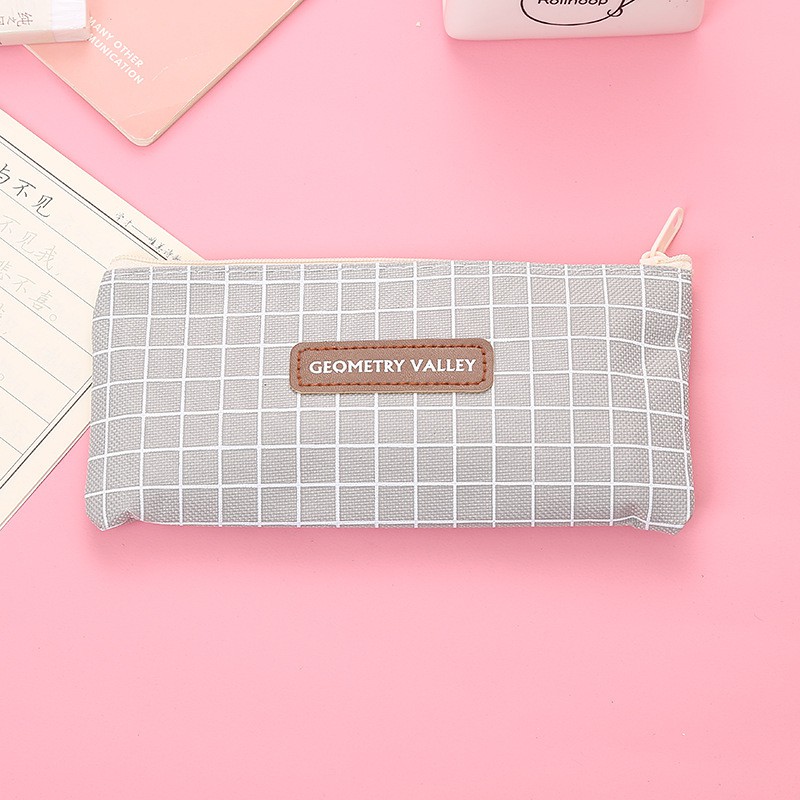OVERFLOWS.ID Pencil Case Karakter Tempat Pensil Geometri Tepak Kotak Kotak Murah-Abu Grid