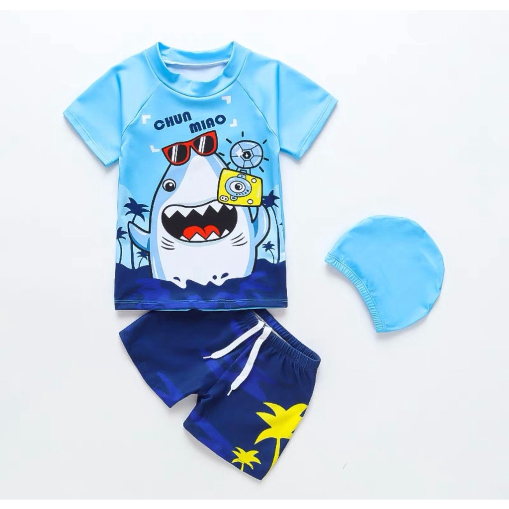 BAJU RENANG BABY SHARK IKAN HIU ANAK BALITA LAKI-LAKI SURFING PANTAI TOPI IMPOR