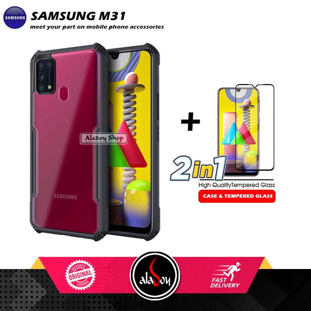 PAKET 2 IN 1 Case Samsung M31 Armor Fusion Transparent Prmium Casing Free Tempered Glass