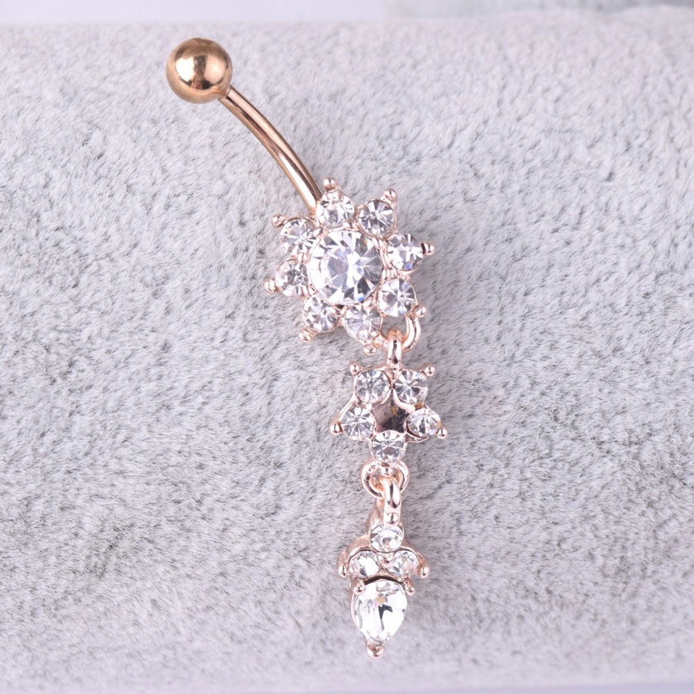 [Jianxin] Lady Rhinestone Flower Stainless Steel Belly Button Navel Ring Piercing Jewelry