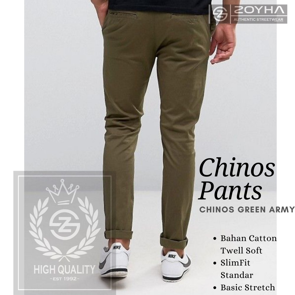 Celana Chino Panjang Pria Standar Reguler Hijau Army Pria Zoyha Store Chinos Standar Cowok Permium