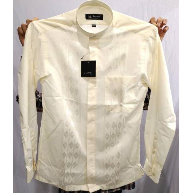 Baju Koko pria Kemeja Koko Alisan Kerah Shanghai Reguler Fit Cream Dan Biru muda Lengan Panjang