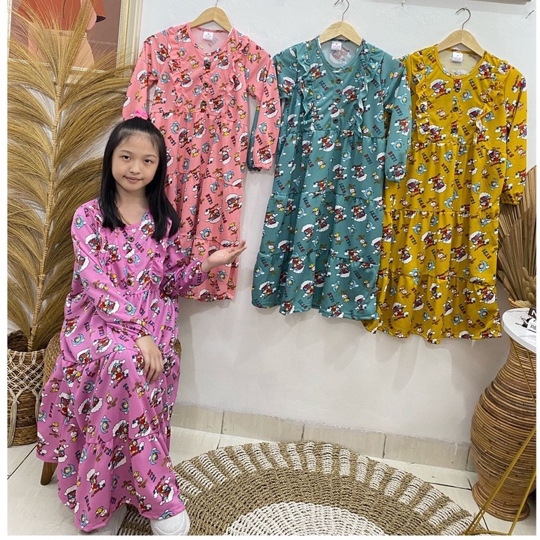 Gamis anak perempuan model rempel motif BT21 bahan voxy premium merk latin (8-10 tahun)
