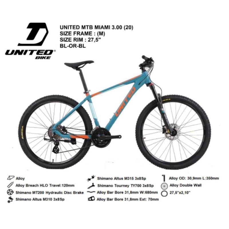 UNITED MIAMI 3.0 - Sepeda Gunung MTB UNITED MIAMI 3.0 Uk 27,5 Inch Alloy Rem Hidrolik 24 Speed Shima