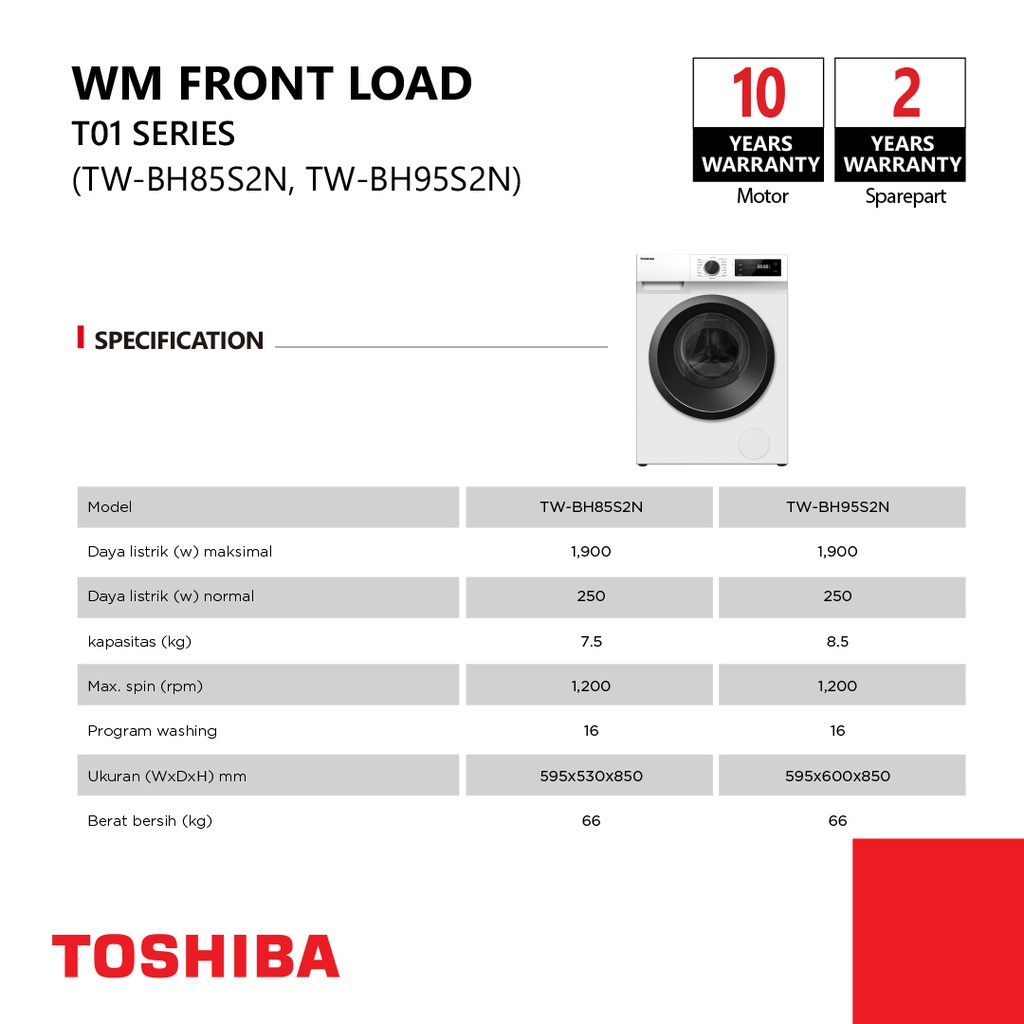 MESIN CUCI TOSHIBA FRONT LOADING 8,5 KG TW-BH95S2N INVERTER GARANSI RESMI (MEDAN)