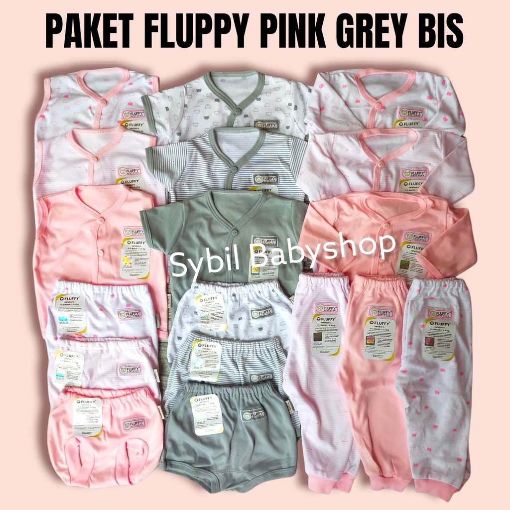 FLUFFY Paket Original Lengkap Baju Bayi (0-3 Bln) Perlengkapan Baru Lahir & Kado Bayi SNI-FLUFFY PINK GREY BIS