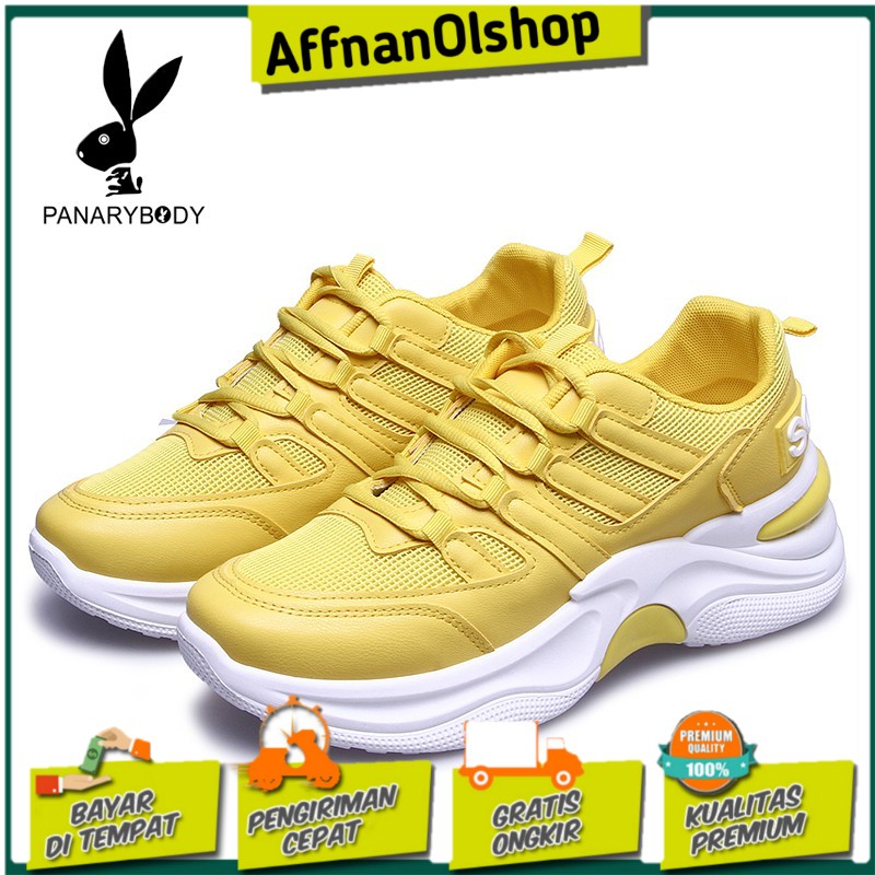 Sepatu Sport Wanita Sepatu Sneakers Wanita Model Sepatu Sport Casual Korea Bahan Kulit PU Kuning