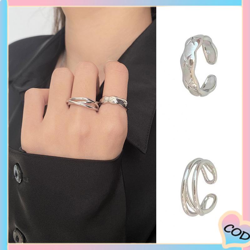 COD❤️ Fashion Wanita Kepribadian Desain Relung Yang Dapat Disesuaikan Cincin Sederhana Dua Lapisan Cross Set-A.one