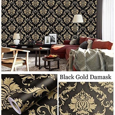 Wallpaper Dinding Batik Gold Dasar Hitam 8m s/d 9m x 45cm