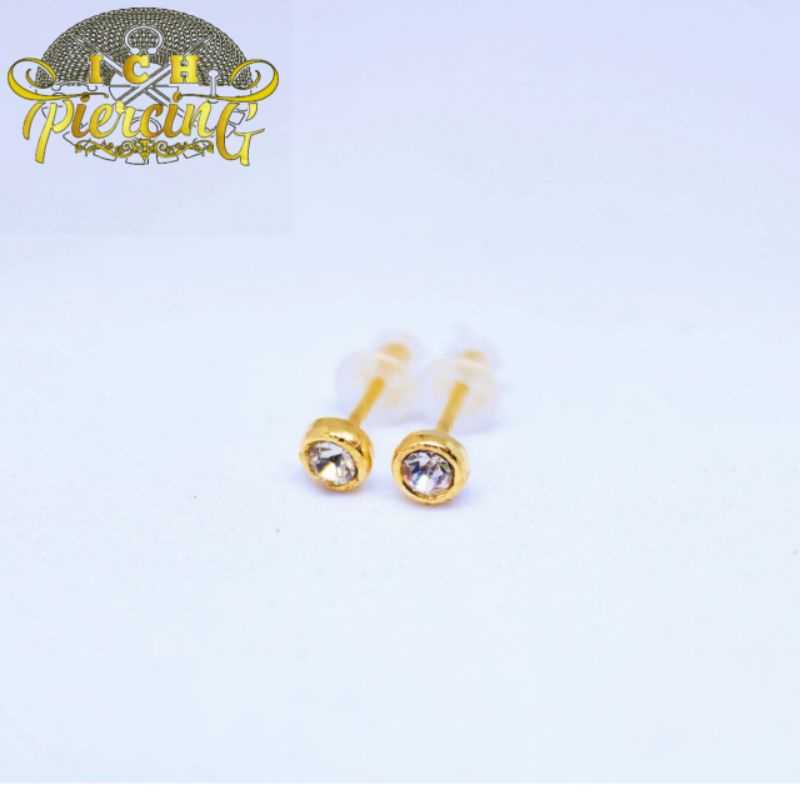 Anting Stud Kasual Emas 3mm  Aksesoris Anting Permata Wanita Gold Titanium steel