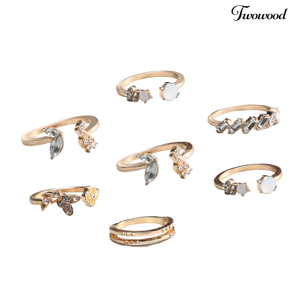 Twowood 7Pcs Elegant Opening Ring Shiny Rhinestones Wear-resistant Female Temperament Finger Ring for Decoration