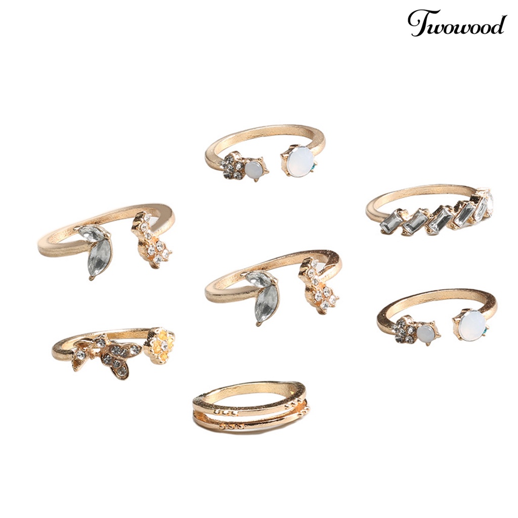 Twowood 7Pcs Elegant Opening Ring Shiny Rhinestones Wear-resistant Female Temperament Finger Ring for Decoration