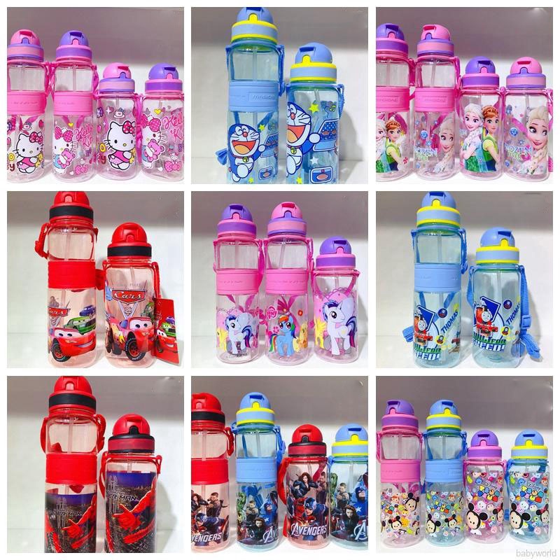 Botol Minum Motif Kartun Anime Frozen Spiderman Doraemon Dengan Sedotan Dan Lanyard Untuk Anak