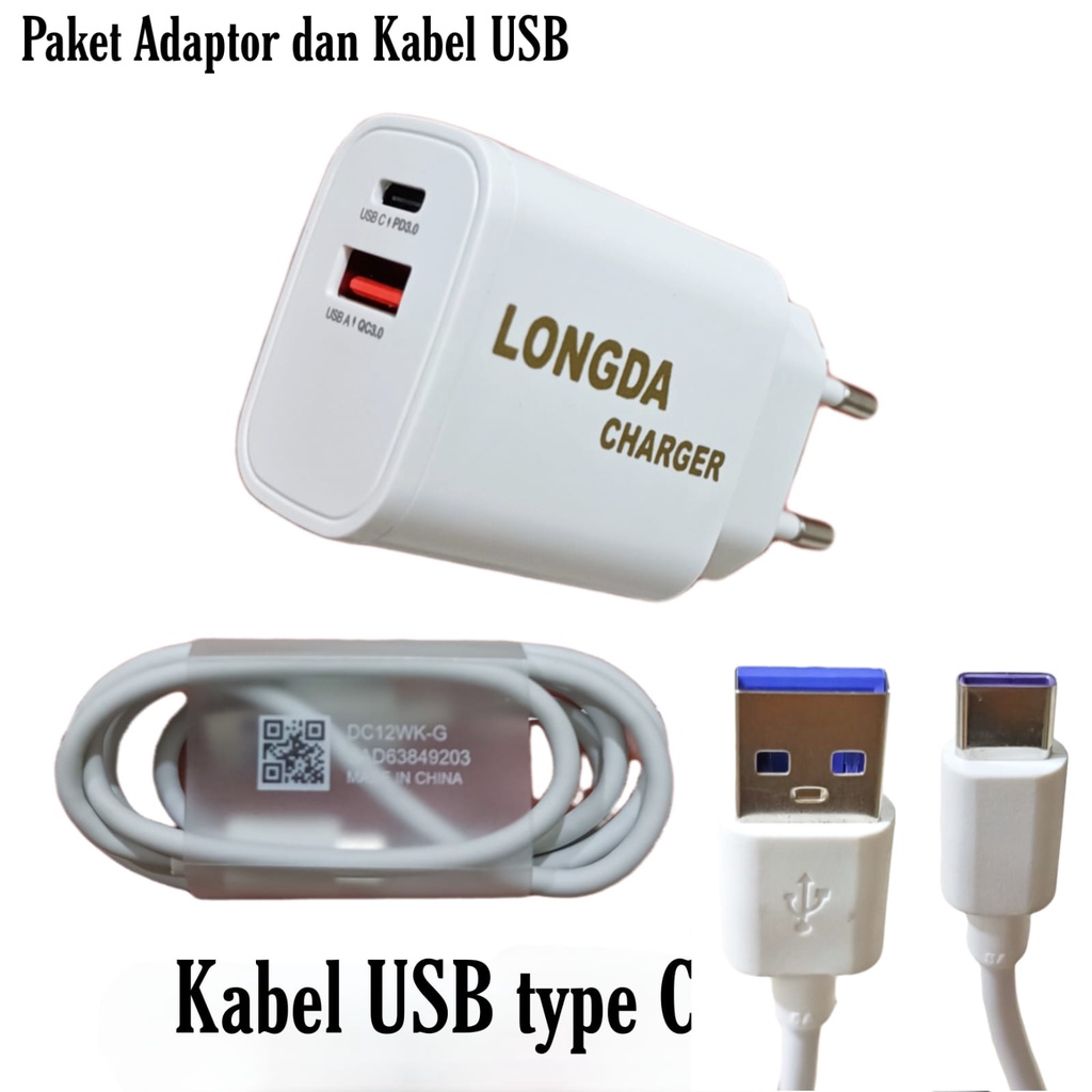 Fast Charging Adaptor Dual Output 20W Qualcomm 3.0 + Kabel USB (Paket)