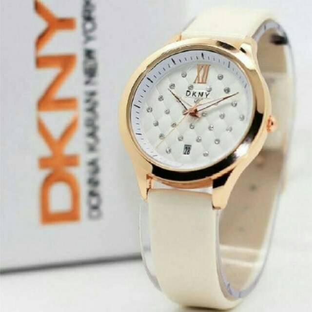 JAM TANGAN WANITA DKNY TALI KULIT PUTIH BODY GOLD