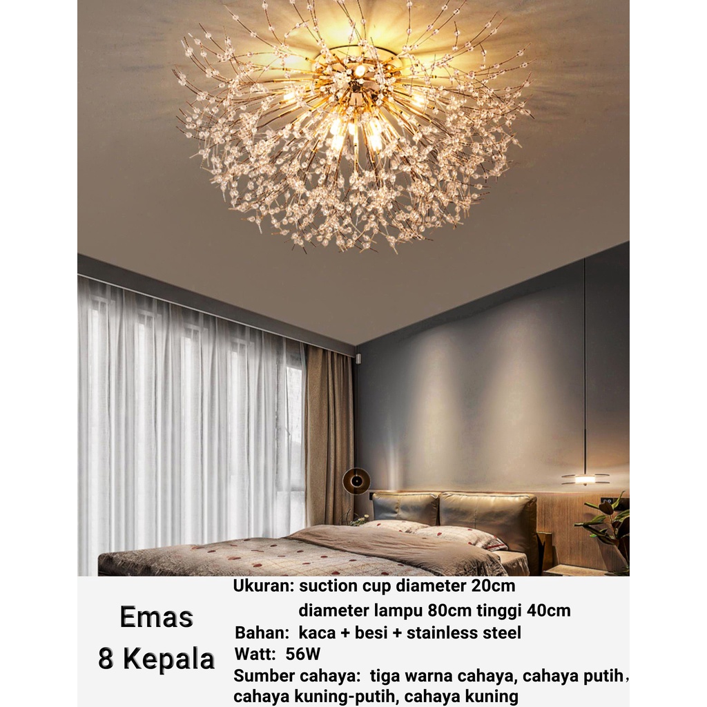 Lampu plafon minimalis kristal 3 warna Dandelion 40/80cm 8 Bolham Termasuk Bolham Tiga Warna Cahaya Langit-langit Ruang Tamu Dekorasi Kamar Tidur Makan Nordic untuk Dekorasi