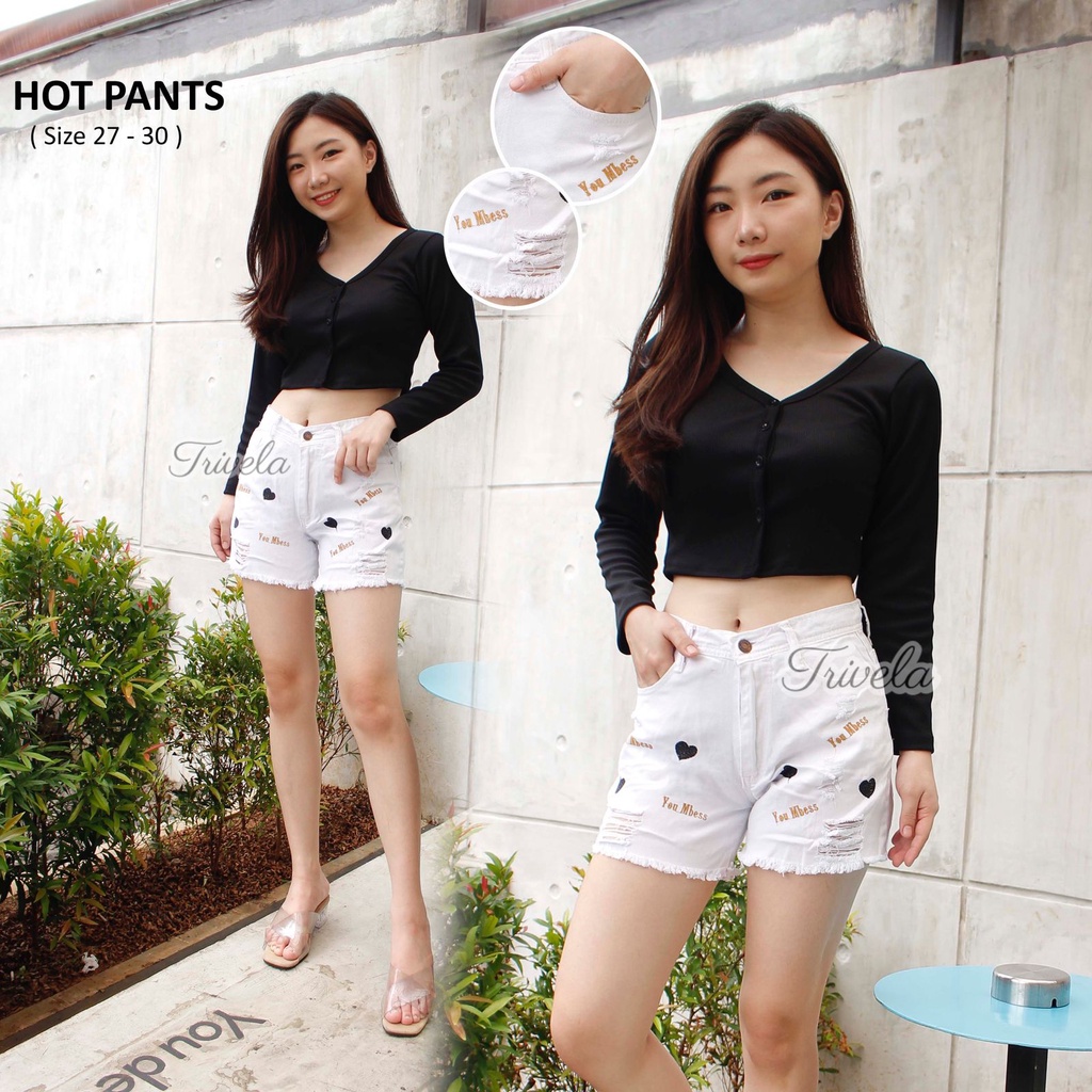 TRIVELA - Celana Pendek Putih Love / Hotpants Putih Love / Hotpants Sobek / Celana Pendek Sobek