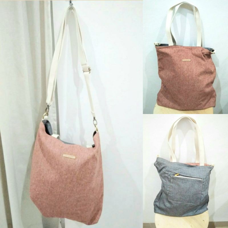 Folkklore Two Ways Carry Bag Orange Brick & Grey / Tas Tote-Selempang Bulak Balik Merah Bata & Abu