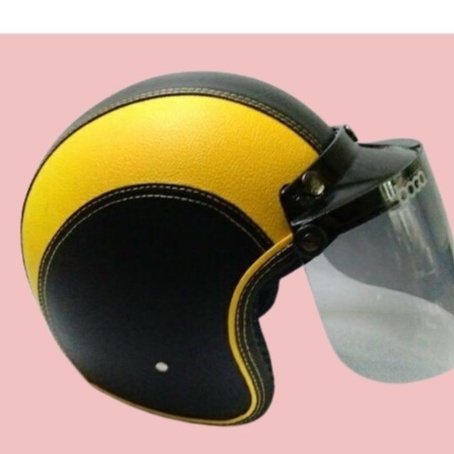 Helm Bogo Retro Full Kulit Hitam Kuning Kaca Bogo Ori Datar Hitam,Bogo Full Leher (FREE EMAS)