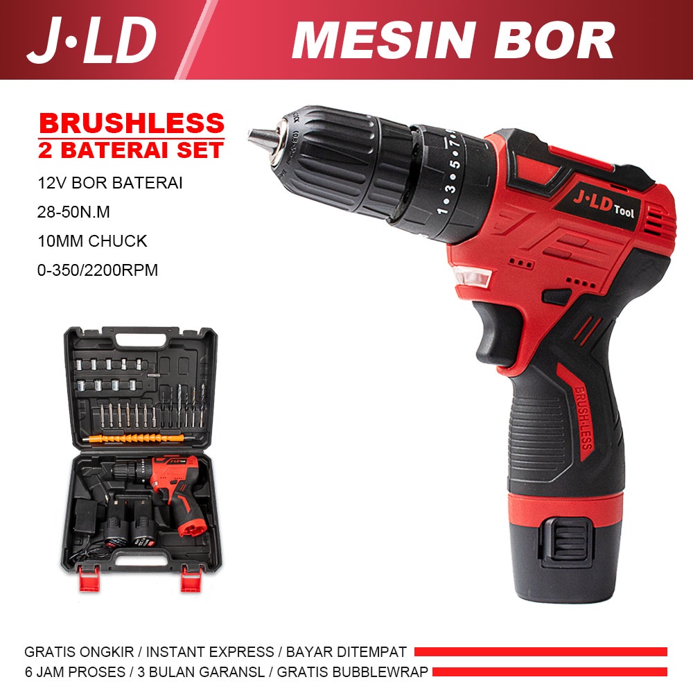 JLD 12V brushless mesin bor baterai cordless drill bisa cod  bor Baterai Li-ion 2x 1,5Ah, 28-50N.M, 