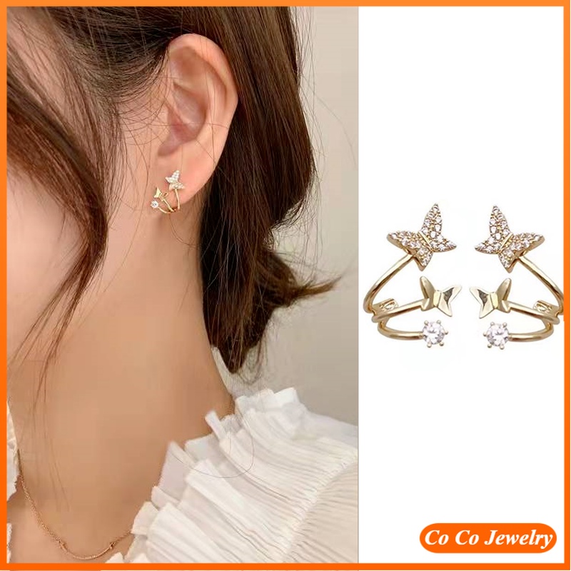 Co Co Co Anting Tusuk Silver 925 Desain Kupu-Kupu Hias Zircon Gaya Korea Untuk Wanita