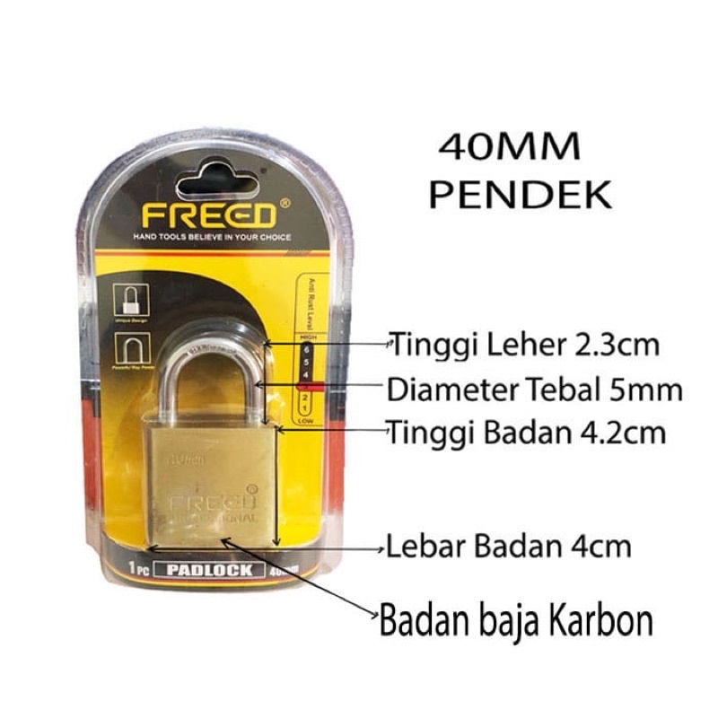 Gembok baja karbon pintu pagar pendek 40mm - 70mm Freed