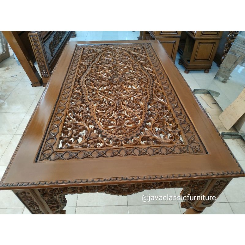 MEJA MAKAN DIMENSI KRAWANG 170x1METER + KACA UKIRAN JATI FURNITURE JEPARA MEBEL-3