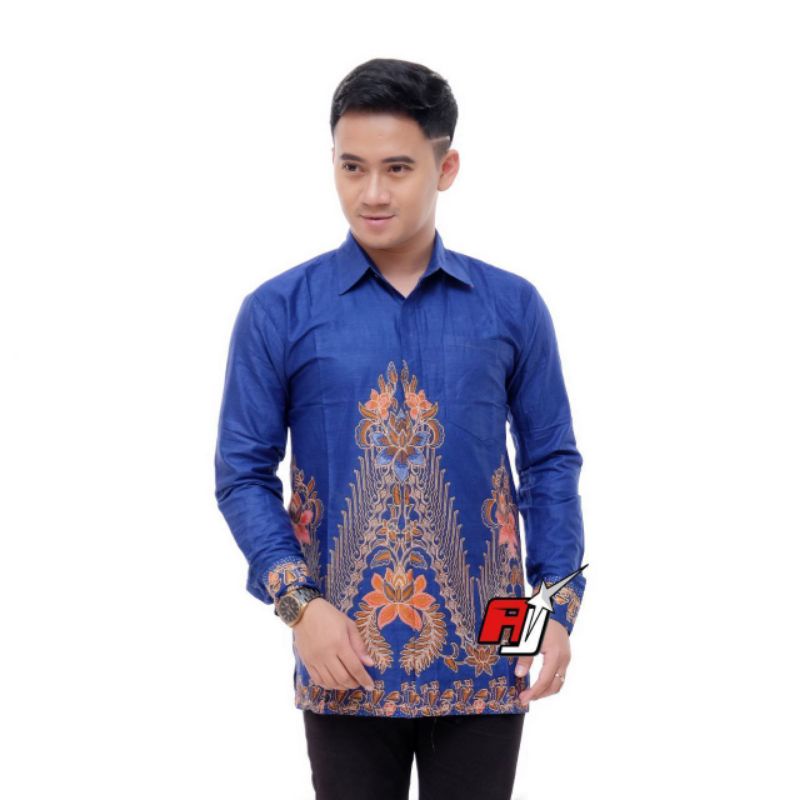 ATASAN KEMEJA HEM BATIK PRIA COWOK MOTIF PARAANG TUMPAL BIRU ELEKTRIK BIRU TUA LENGAN PANJANG
