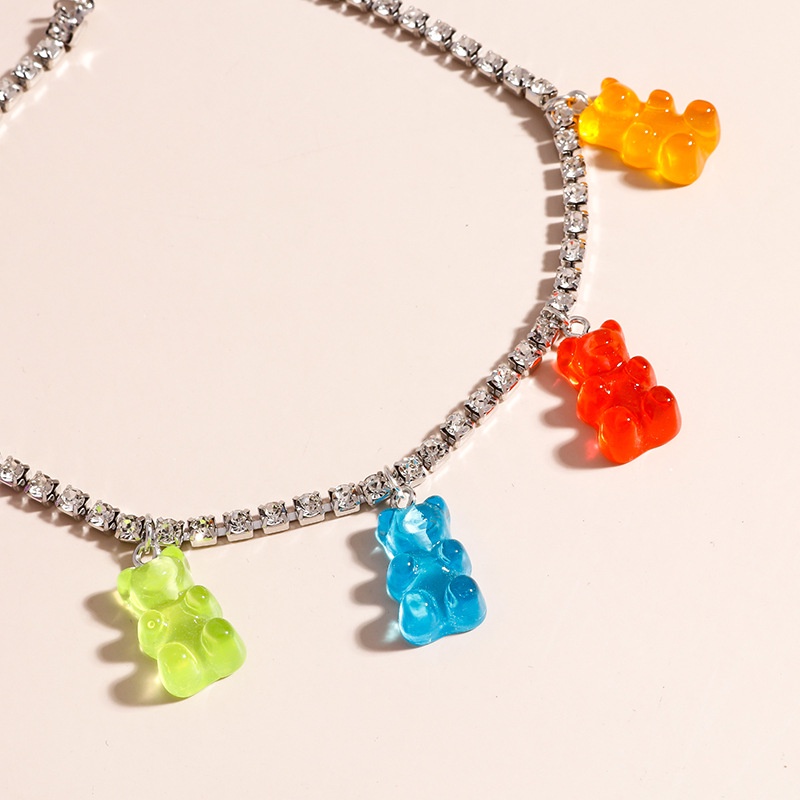 [ACKER] Berlian Sederhana Cute Liontin Beruang Rantai Warna Permen Jelly Kalung Untuk Wanita