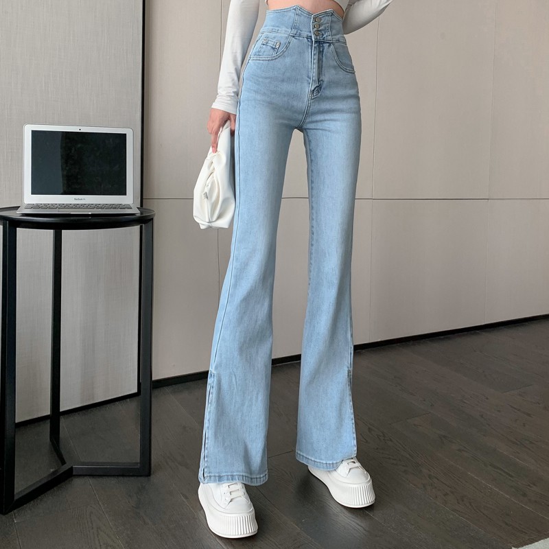 Wanita Split Jeans Retro Baru Pinggang Tinggi Peregangan Berkobar Celana Pribadi dan Slim-Mencari Pe