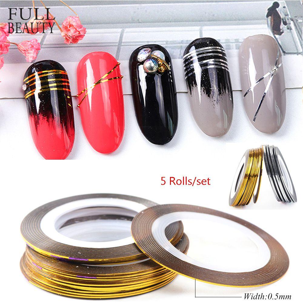 R-flower 5roll/set Stiker Pita Nail Art Striping Line Hot Glitter Gold Silver