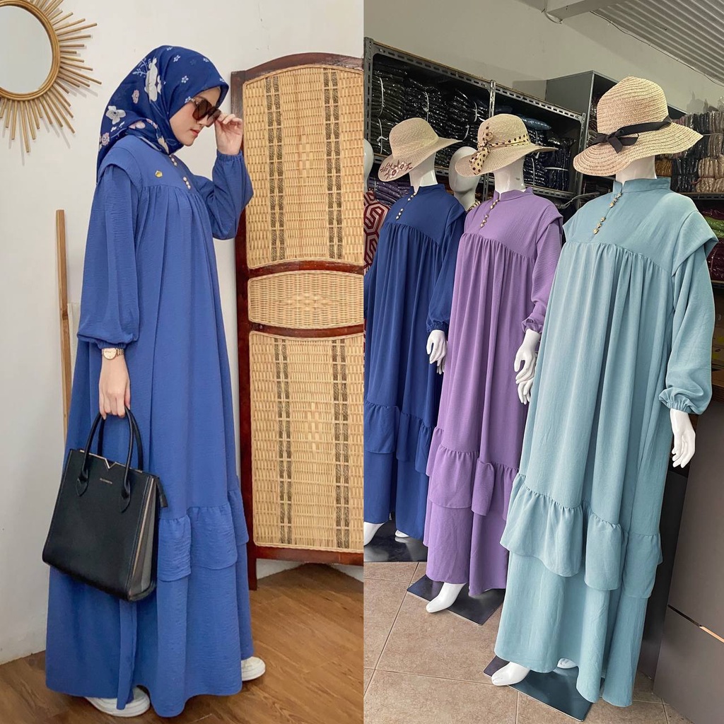 Kalla Gamis Wanita Crinkle Airflow Import Dress Jumbo Lengan Panjang Karet Baju Wanita Kekinian LD 120  cm