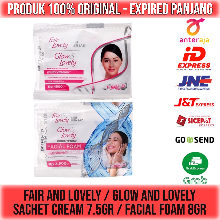 FAIR AND LOVELY / GLOW AND LOVELY SACHET / CREAM MULTI VITAMIN 7.5gr / FACIAL FOAM 8gr