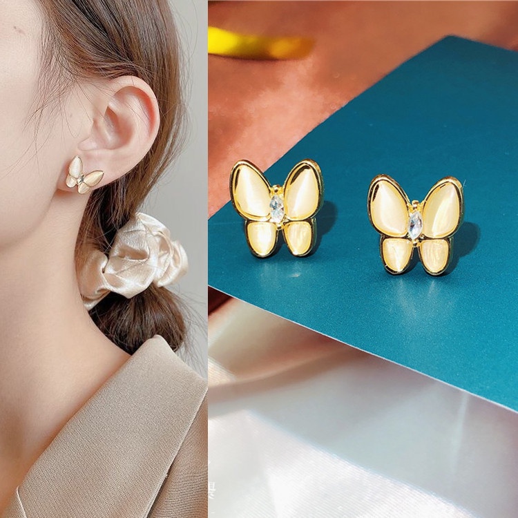 Shuling S925 silver needle Korean Style Opal Butterfly Earrings Fashion Cat's Eye Earrings Female Stud Earrings