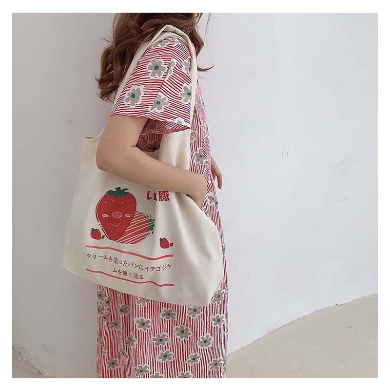 TC-08 tas canvas tote bag wanita import korea jepang simple besar strawberry stroberi