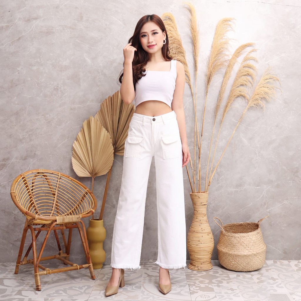 HOPYLOVY Celana Boyfriend Jeans | Celana Kulot Jeans Wanita Kantong Depan Shira Lilac Ungu Violet | Celana Lilac