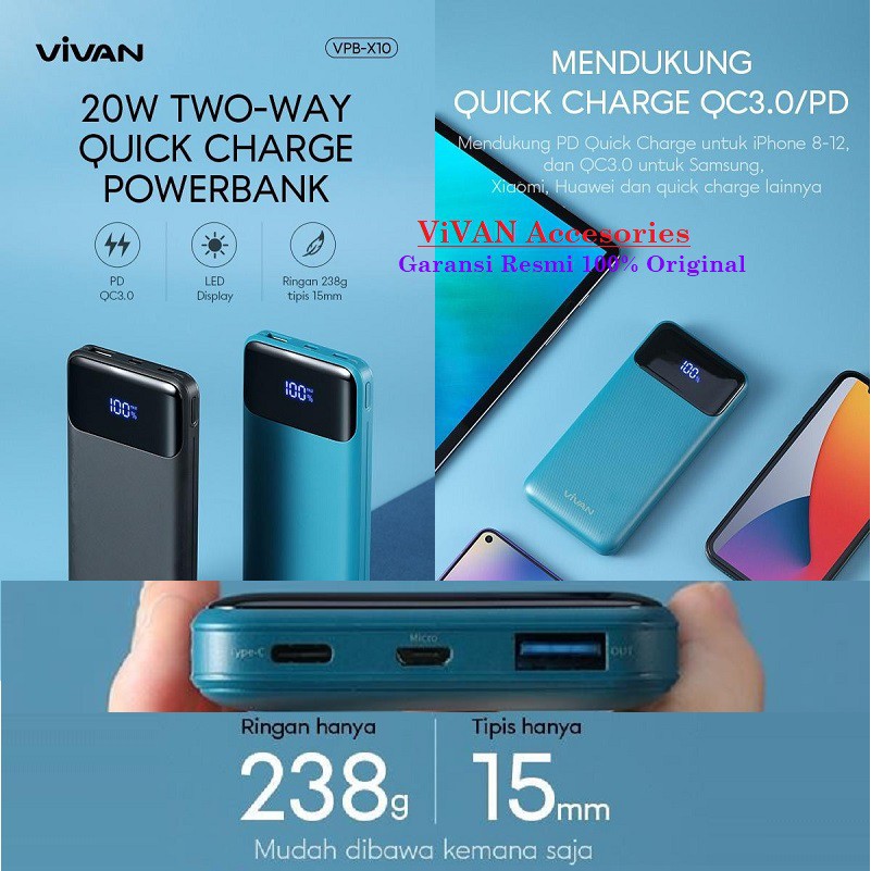 Powerbank Vivan VPB-X10 10000mAh 20W PD Quick Charge LED Power Bank