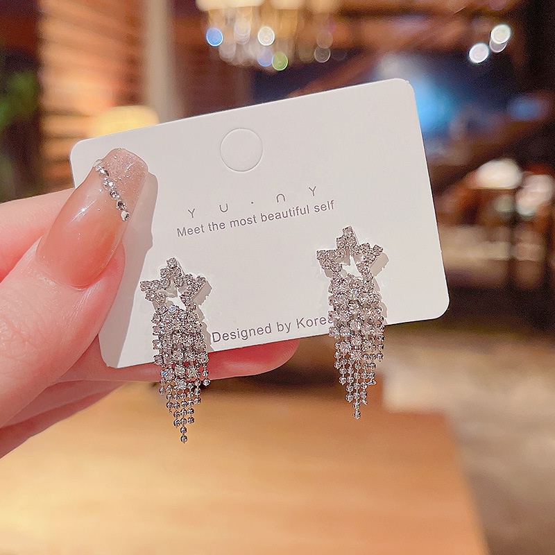 Anting S925 Silver Needle Model Rumbai Panjang Bentuk Bintang Aksen Berlian Penuh Untuk Wanita