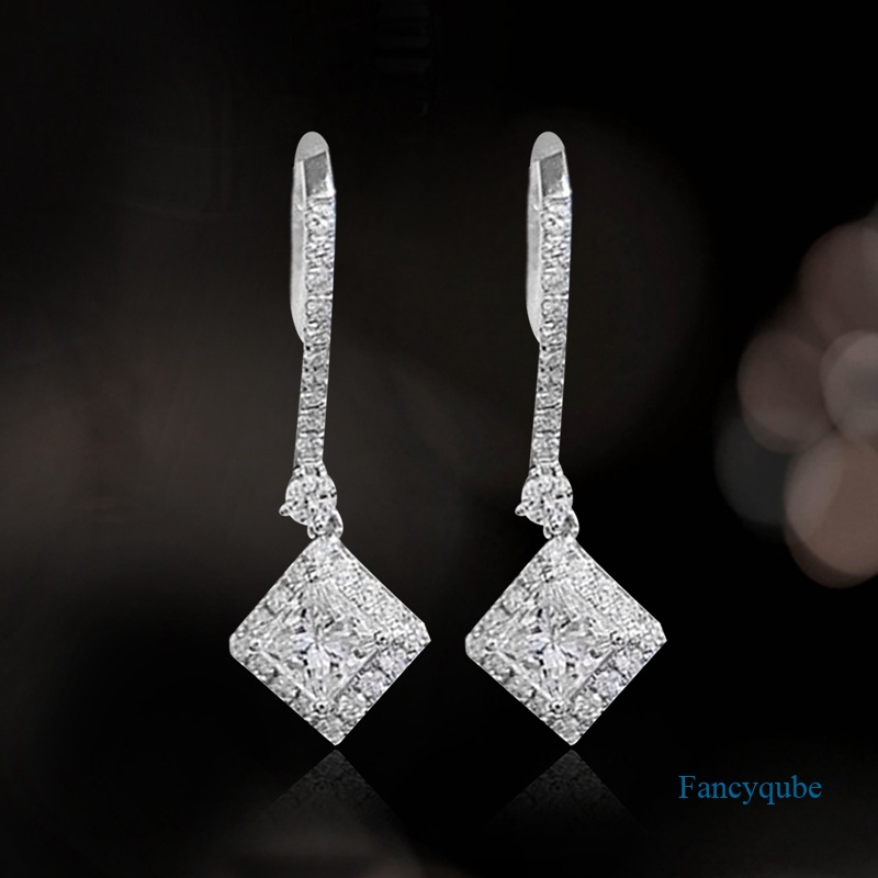 Fancyqube Anting Tusuk Gantung Desain Geometri Hias Cubic Zirconia Warna Silver Untuk Pengantin Wanita