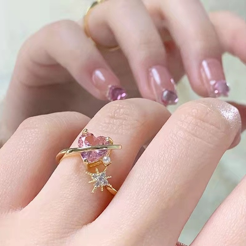 Cincin Model Terbuka Desain Hati Aksen Zirkon Warna Pink Untuk Wanita