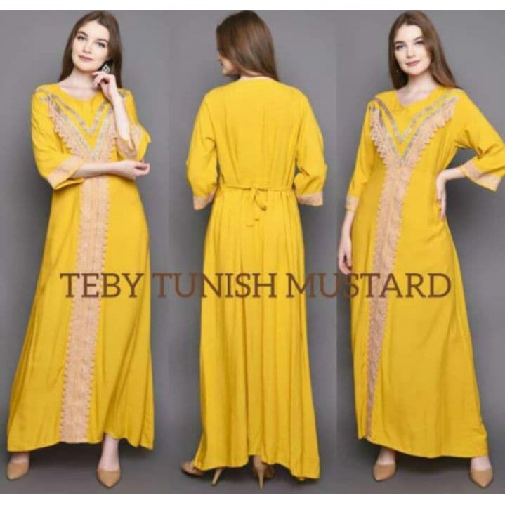 Daster Arab Renda teby Jumbo Busui Resleting Rayon Arabian-KUNING MUSTARD