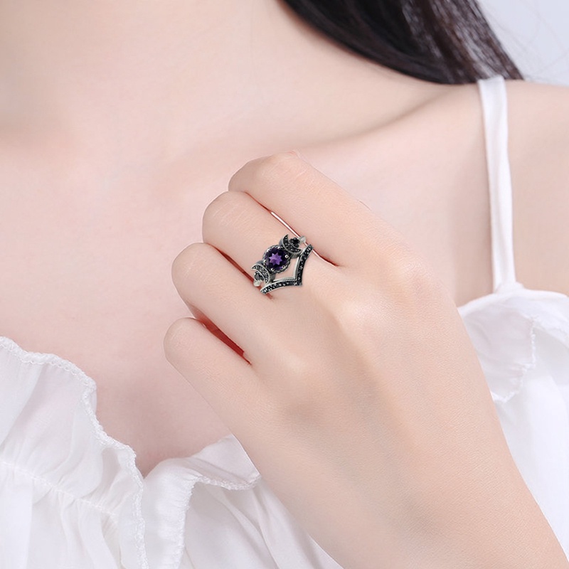 Cincin Wanita Desain Bulan Sabit Hias Batu Kecubung Merah + Zirconia Untuk Pertunangan / Pernikahan / Hadiah