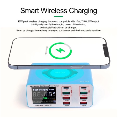 RELIFE RL-304S AC100 240V 8 Port USB Fast Charger Support QC3.0PD Wireless Charging for iPhone Samsung Huawei Phone Repair Tool