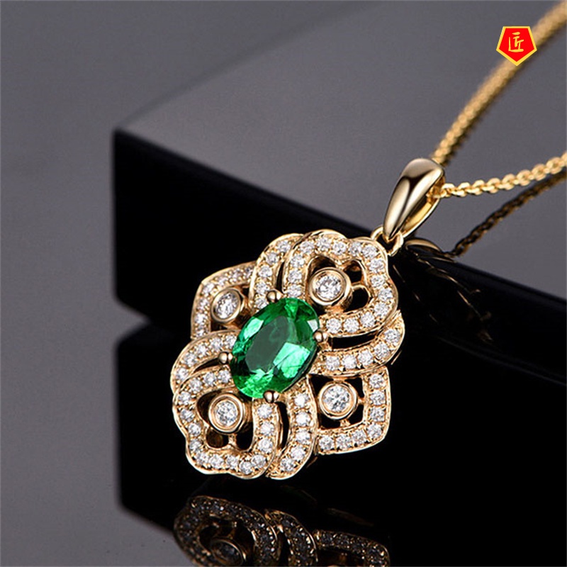 [Ready Stock]Flower Gem Pendant 18K Gold Necklace Female Temperament Noble